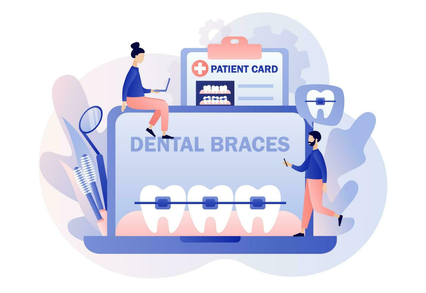 Dental braces. Orthodontic treatment and cosmetic odontology. Tiny people orthodonts and patients whose straightening teeth. Online consultation. Modern flat cartoon style. Vector illustration
