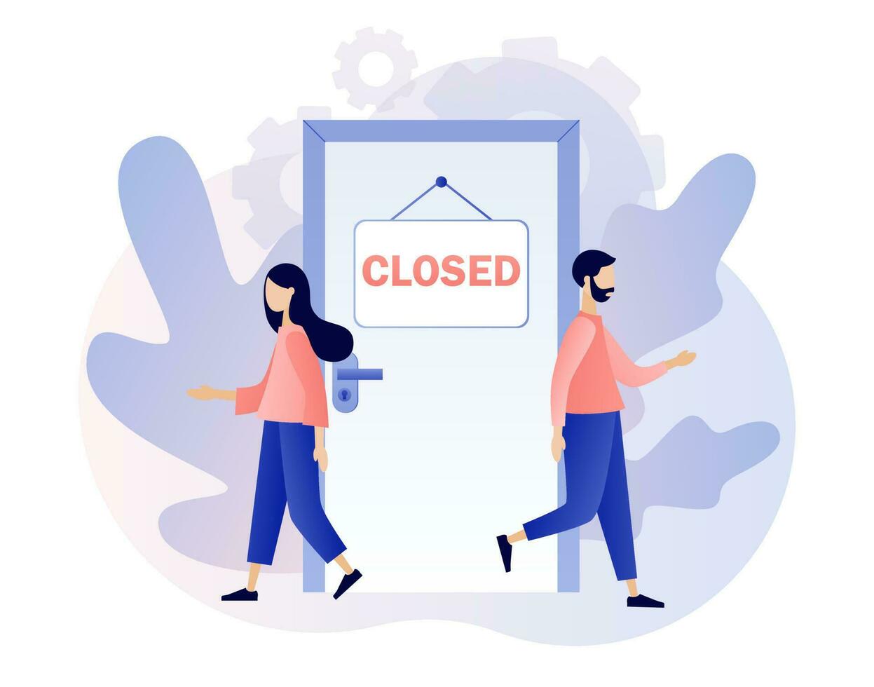 Closed - sign on the door and tiny people go away from it. Closed establishments, cafe, shop, store, salon through bankrupt, crisis, quarantine, pandemic.Modern flat cartoon style. Vector illustration