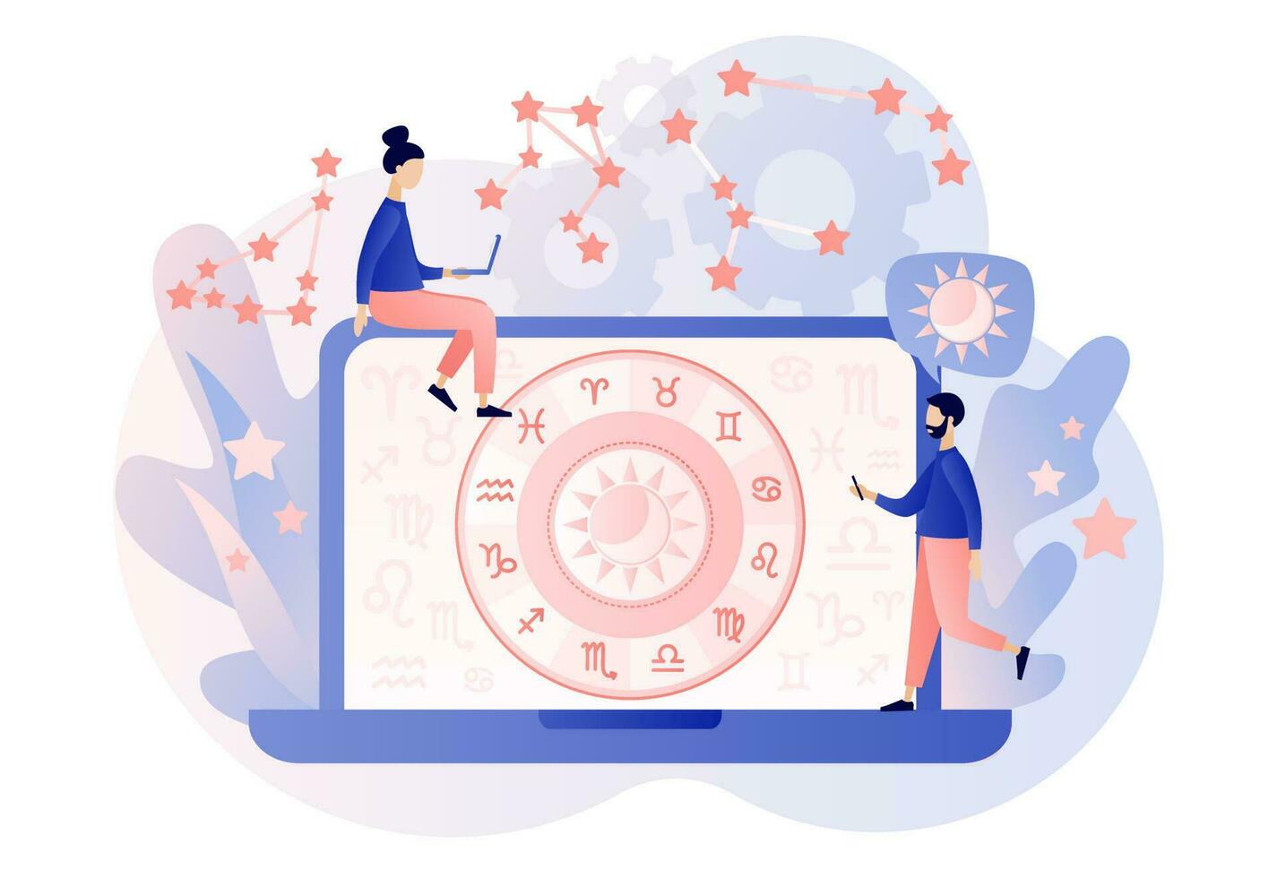 Astrology science concept. Astrological forecast. Zodiac, celestial coordinate system, stars and constellations. Tiny people astrologers reading natal chart online. Modern flat cartoon style. Vector