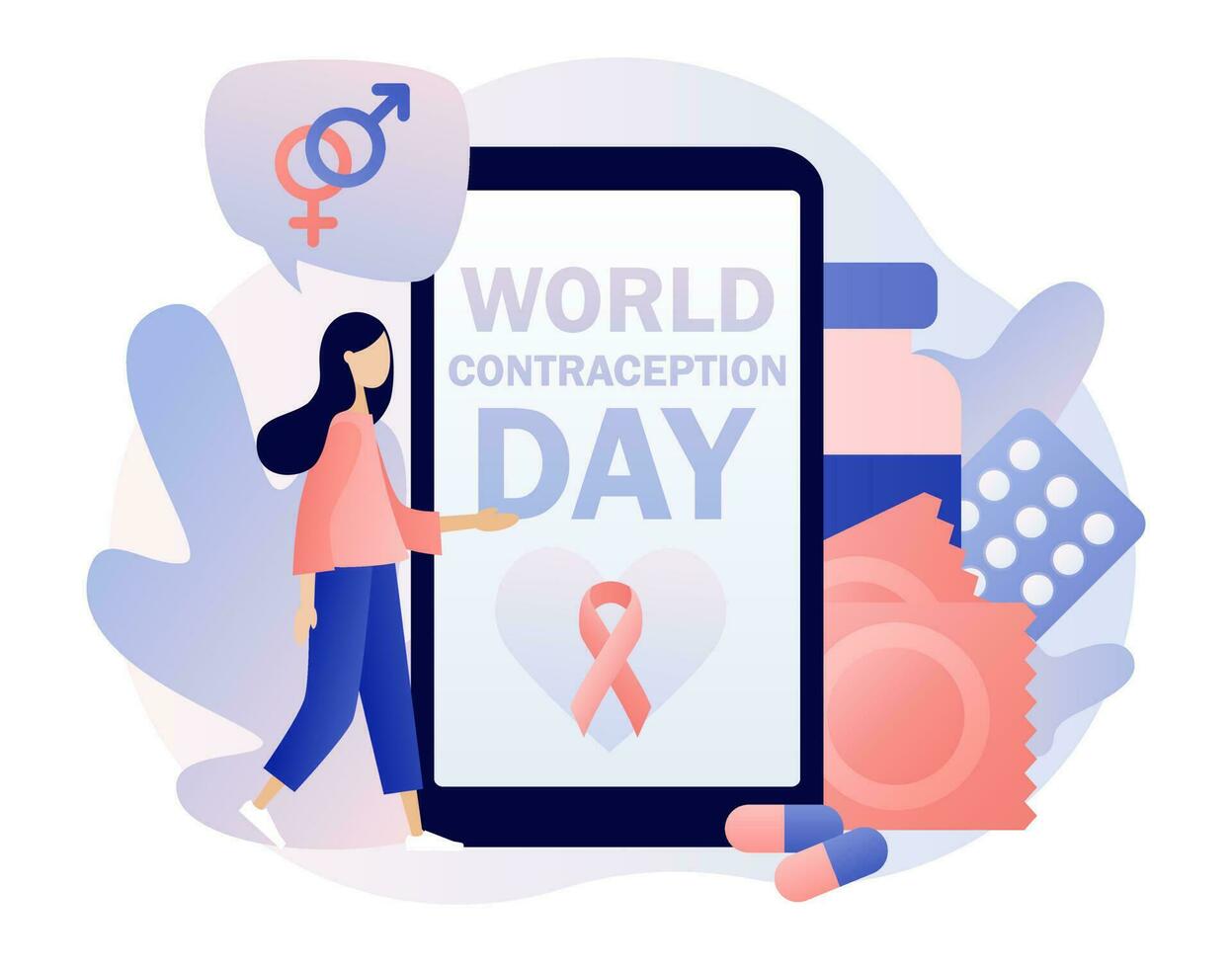 World Contraception Day-text on smartphone screen. Contraceptive methods in sexual and reproductive health. Safe sexual behavior, birth fertility control. Modern flat cartoon style.Vector illustration vector