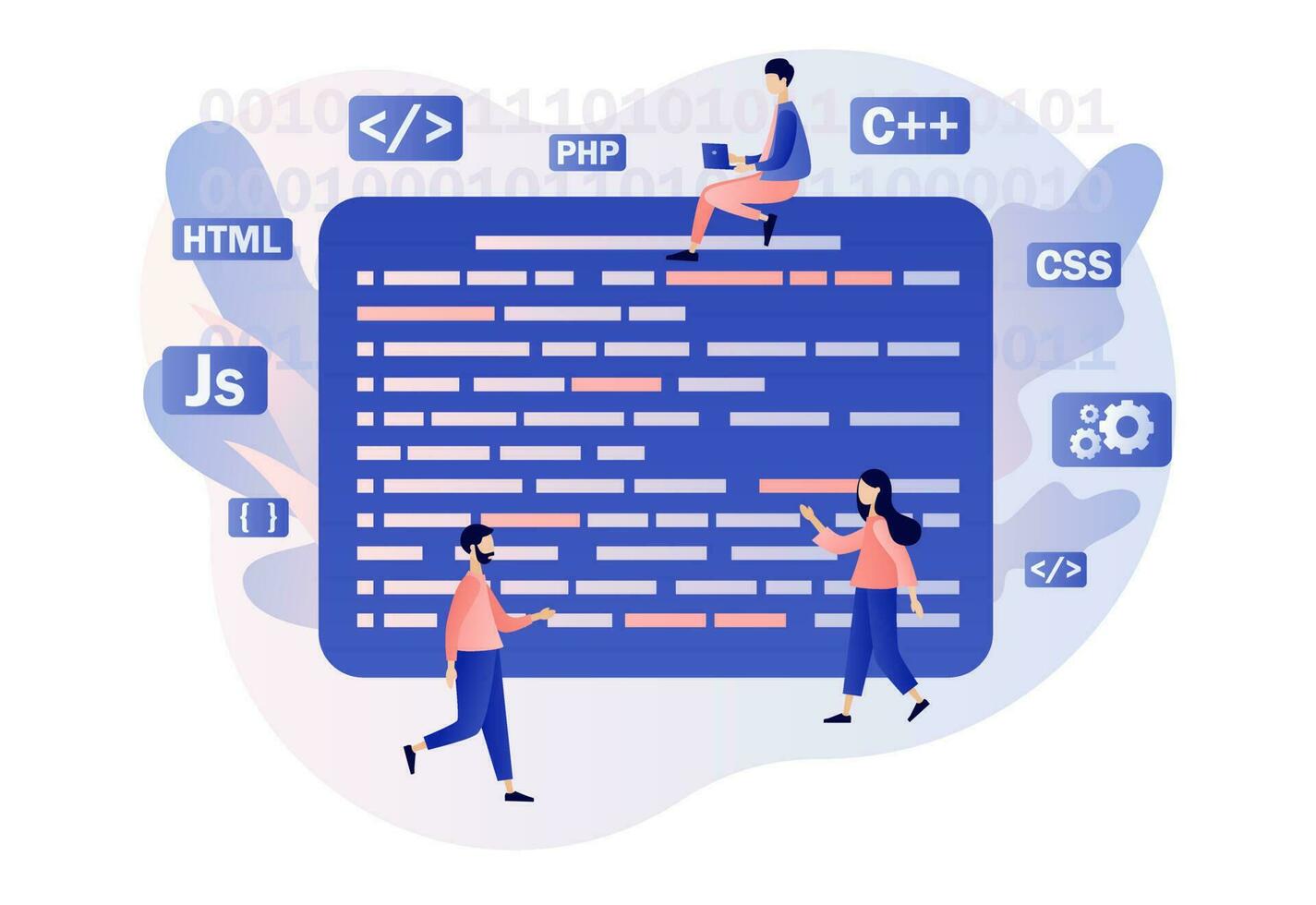 Programming and engineering development. Tiny people programmer or developer create code programming language. PHP,HTML, CSS, Js. Modern flat cartoon style. Vector illustration on white background
