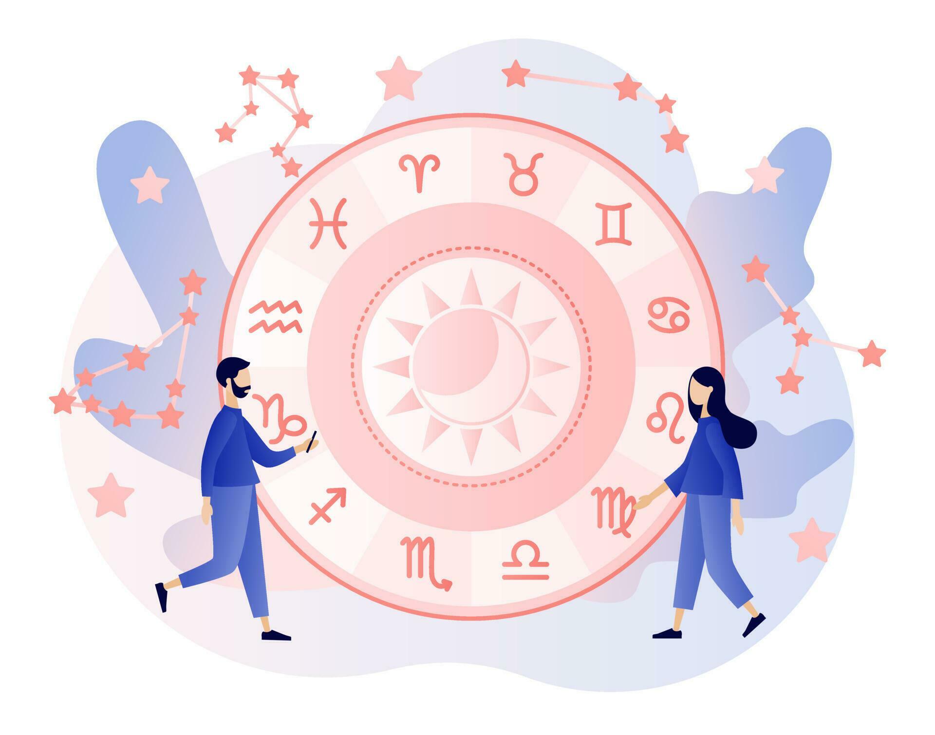 Astrology science concept. Tiny people astrologers reading natal chart Astrology science concept. Tiny people astrologers reading natal chart