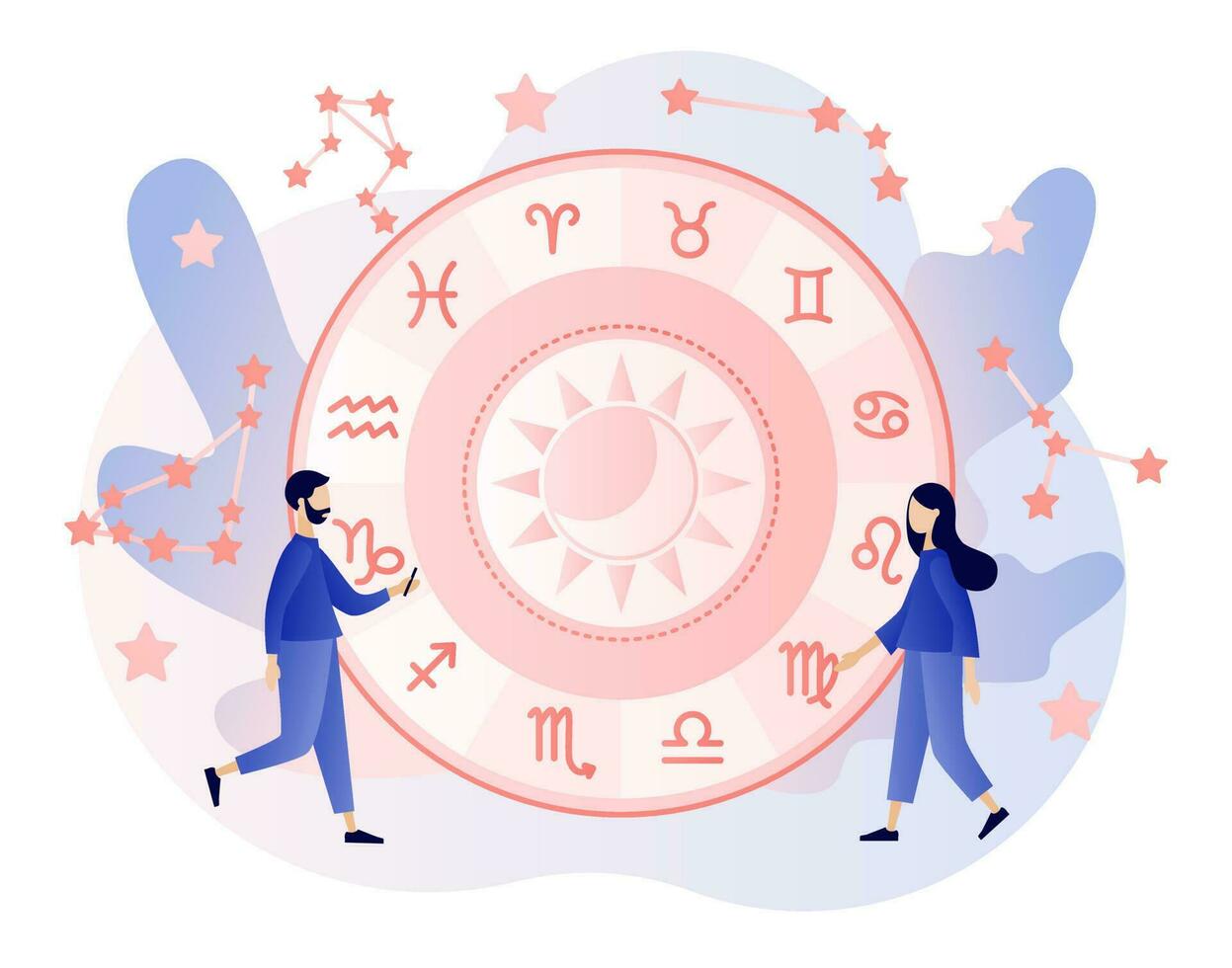Astrology science concept. Tiny people astrologers reading natal chart. Astrological forecast. Zodiac, celestial coordinate system, stars and constellations. Modern flat cartoon style. Vector