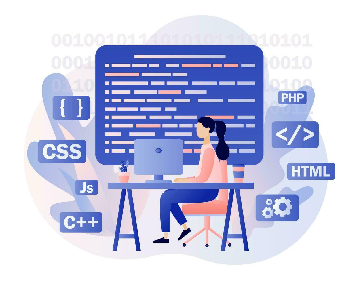 Programming and engineering development. Tiny girl programmer or developer create code programming language. PHP, HTML, CSS, Js. Modern flat cartoon style. Vector illustration on white background
