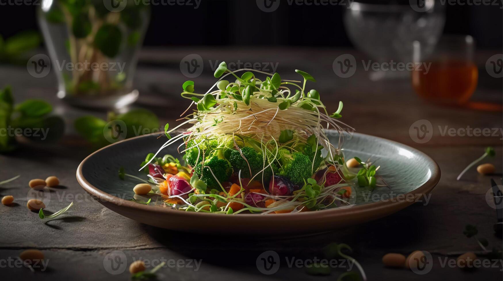 Savor the Sprout A Delectable Image of a Nutritious Meal Featuring Alfalfa, Broccoli, and Radish Sprouts photo
