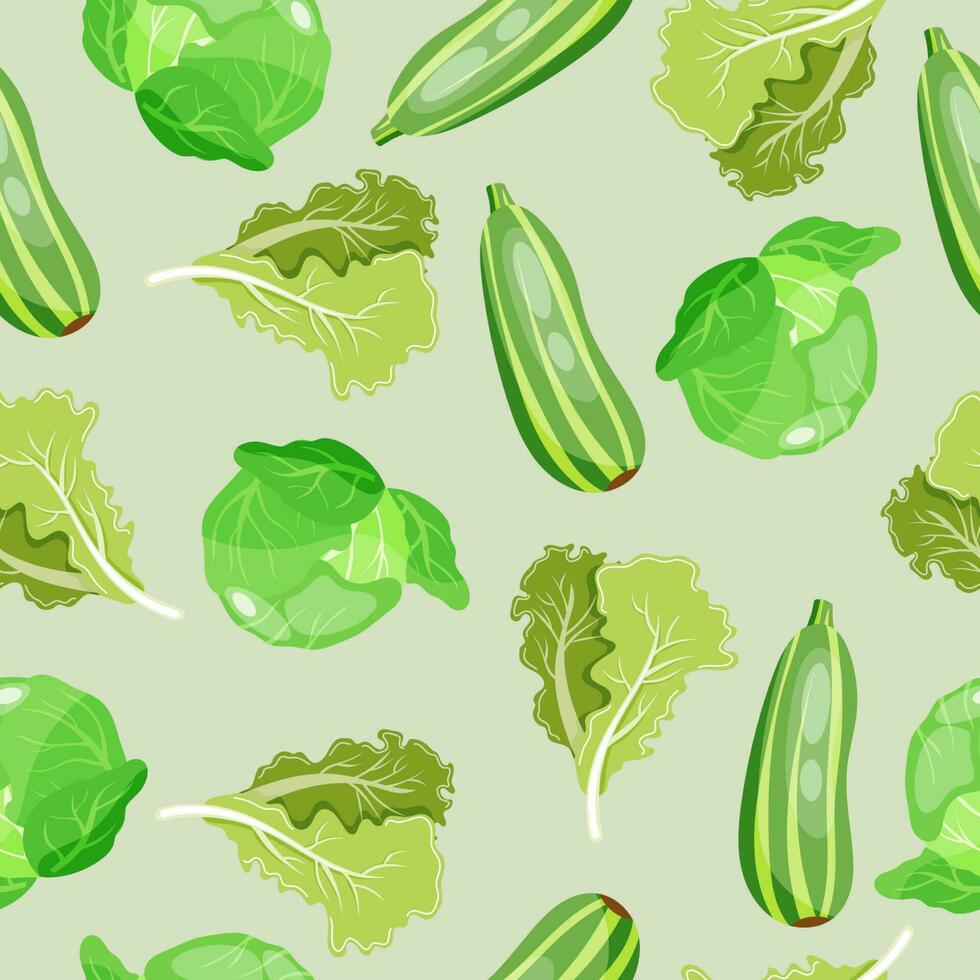 Seamless pattern on light green background with zzucchini, cabbage and lettuce leaves. Colourful handdrawn vector background.