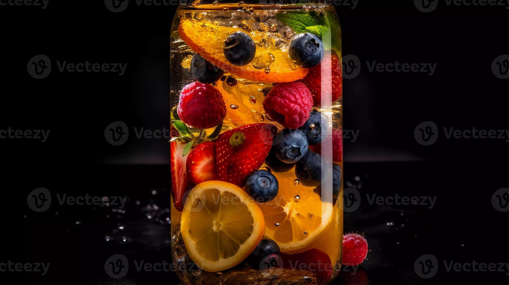vibrante infundido aguas, lleno de nutrientes frutas, verduras, y hierbas sumergido en un claro vaso lanzador generativo ai foto