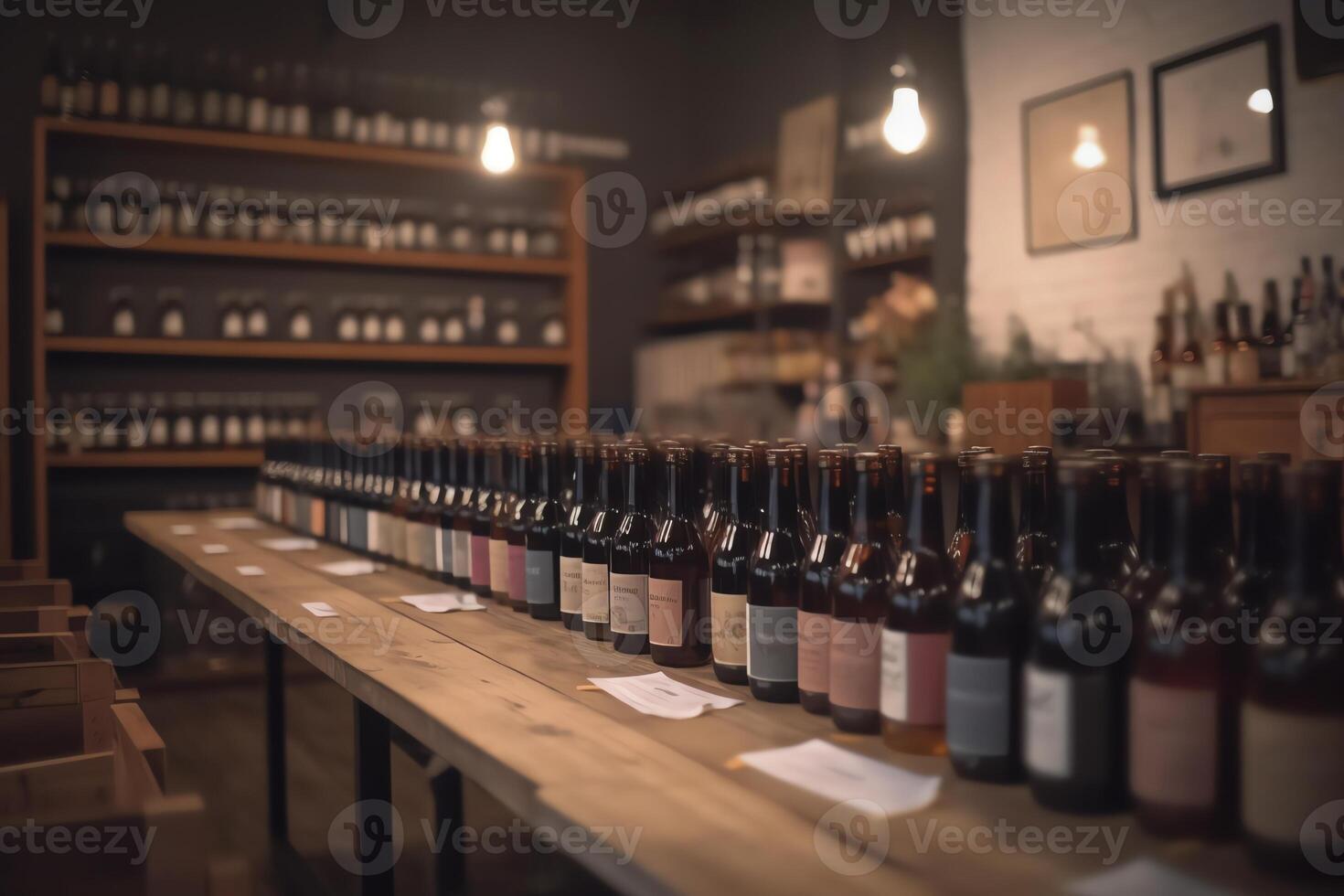 A blurred wine shop with bottles set on a wooden table with a techcreated background. photo