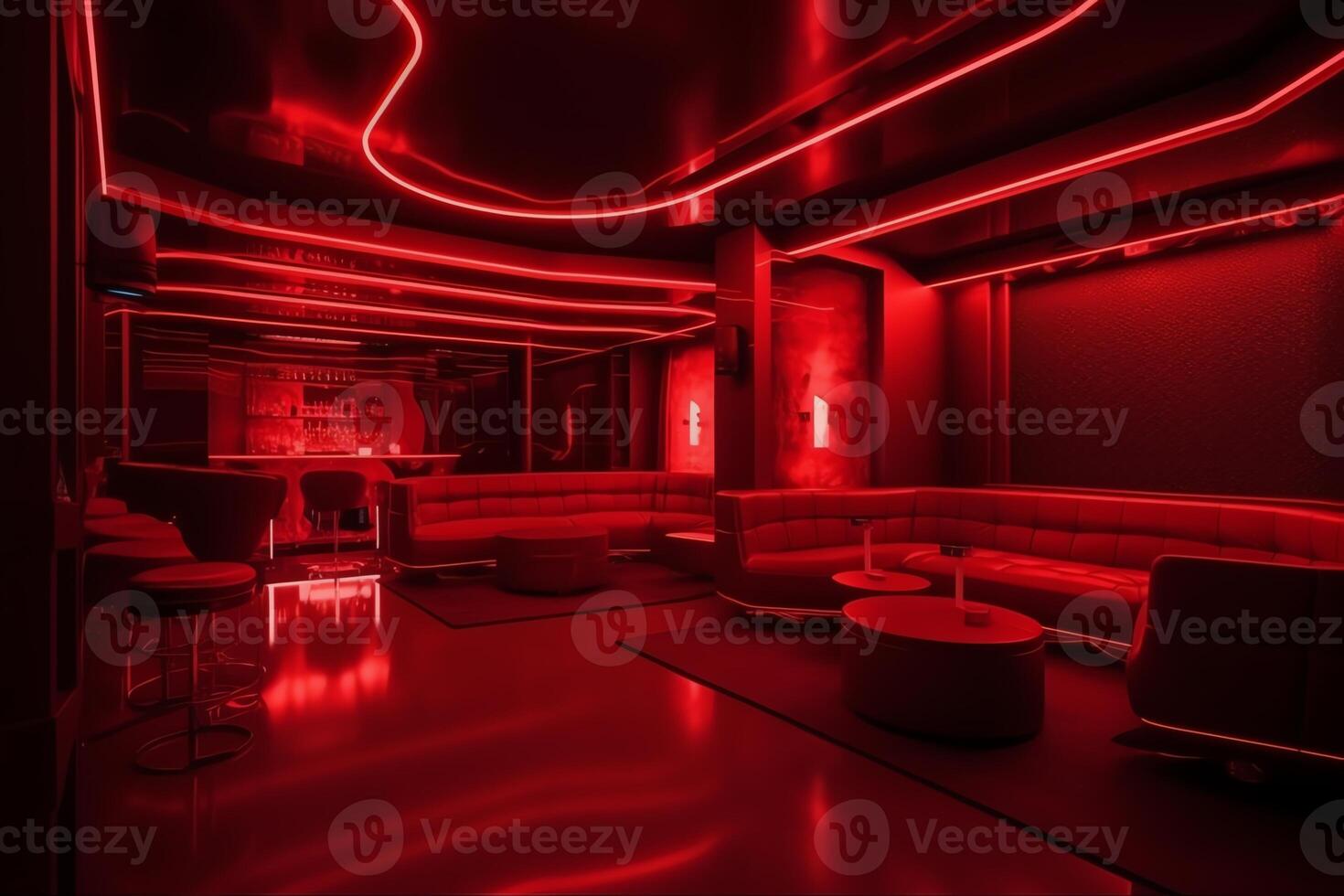 Red interior of luxury nightclub restaurant lounge bar human enhanced. photo