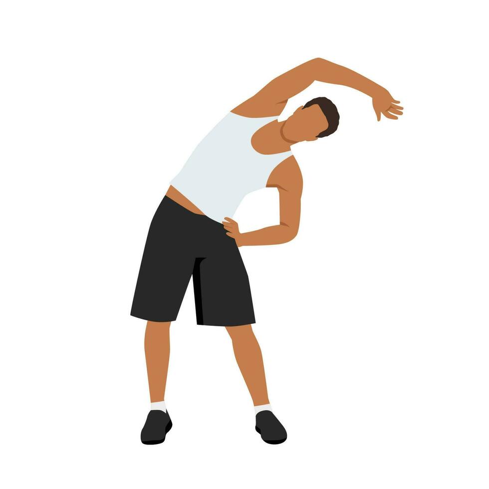 Man doing side bends, stretching hand on hips. Sport exercise, fitness workout. Flat vector