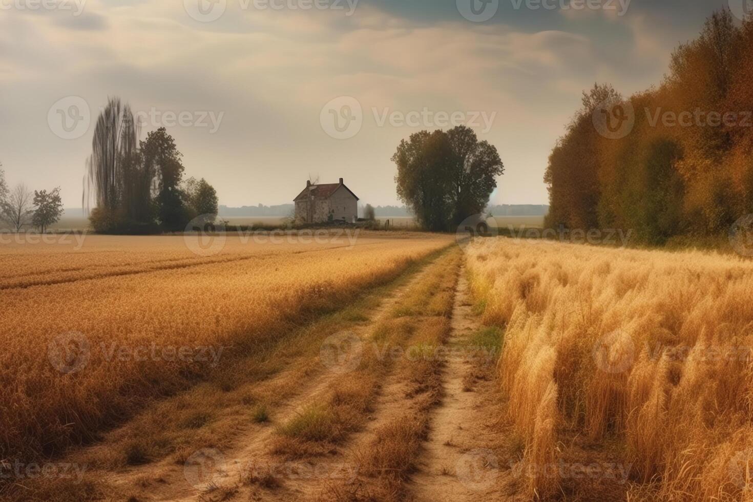 otoño rural paisaje con trigo campo en el suelo y granja en el espalda plan. ai generado foto