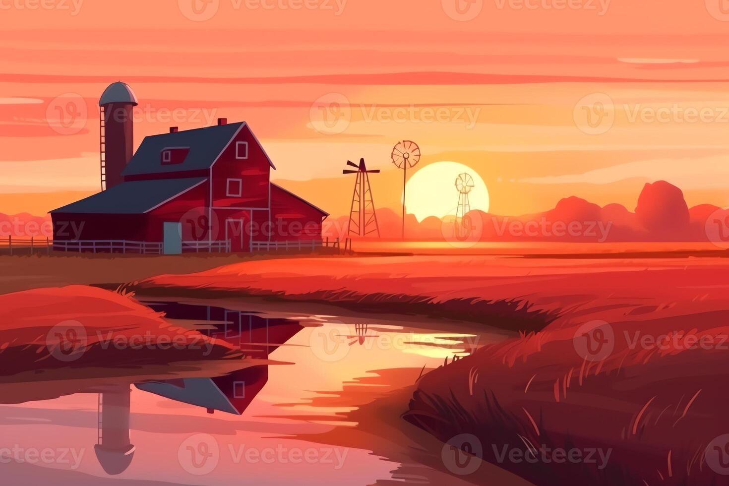 Red hangar at the farmers field to the mill on agricultural land natural landscape with green field and posevochnym the sunset with a red hangar farm cartoon illustration. photo