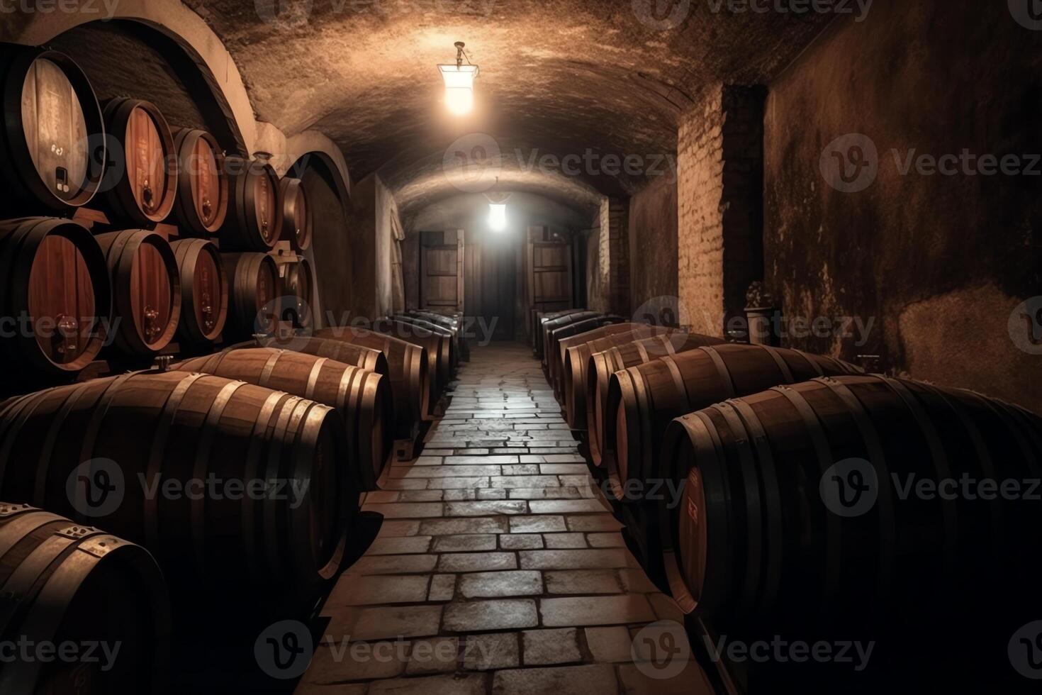 vino barriles en el cava de el lagar. ai generado foto