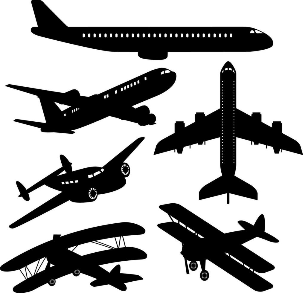 Set of differents airplans icons, silhouette vector illustration