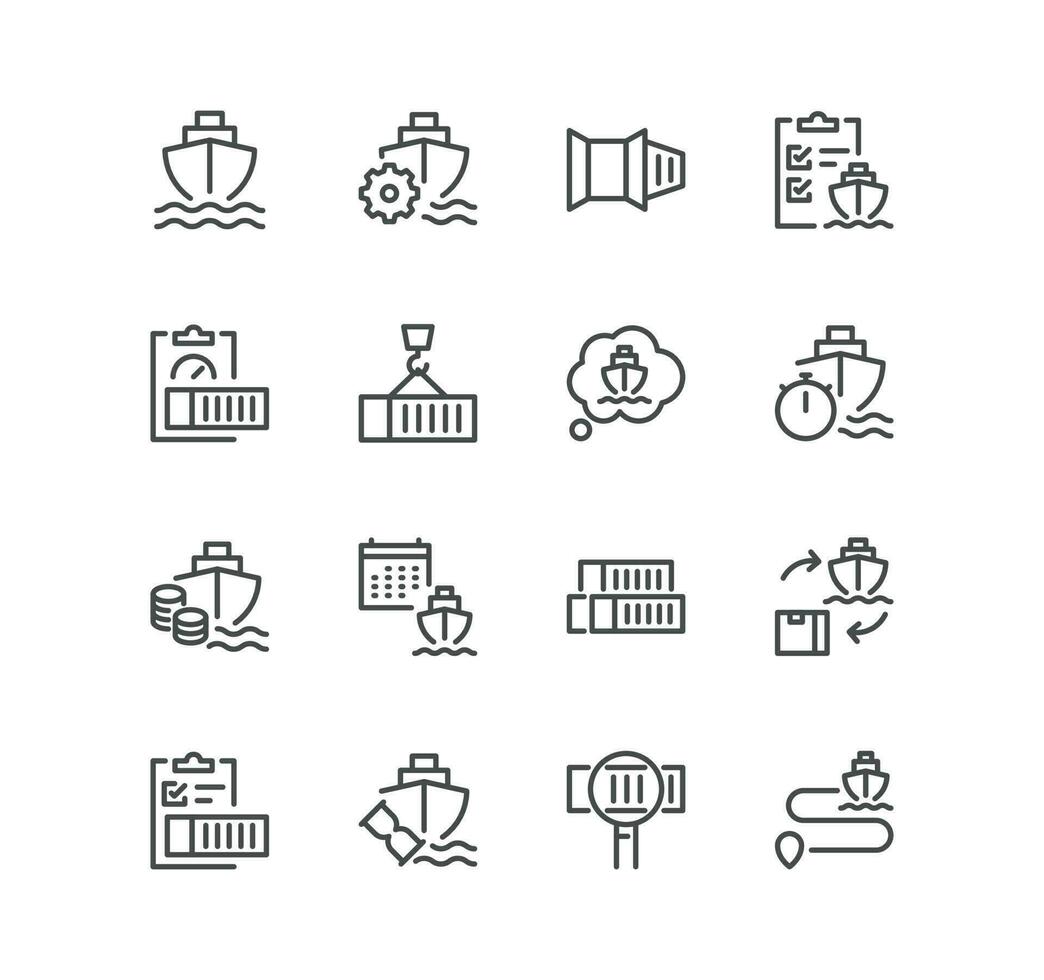 Set of logistics related icons, loading process, container, route, ship, container stacking and linear variety vectors. vector