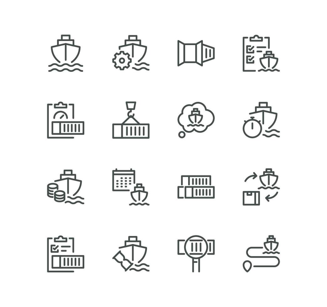 conjunto de logística relacionado iconos, cargando proceso, envase, ruta, barco, envase apilado y lineal variedad vectores