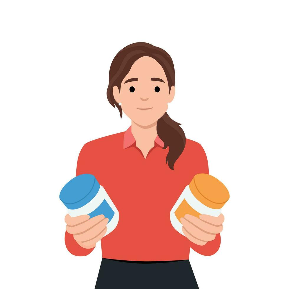 Young woman holds in her hands jars of vitamins, dietary supplements, bablets, medicines and thinks, decides what to choose. Character on the topic of health and maintenance of the body vector