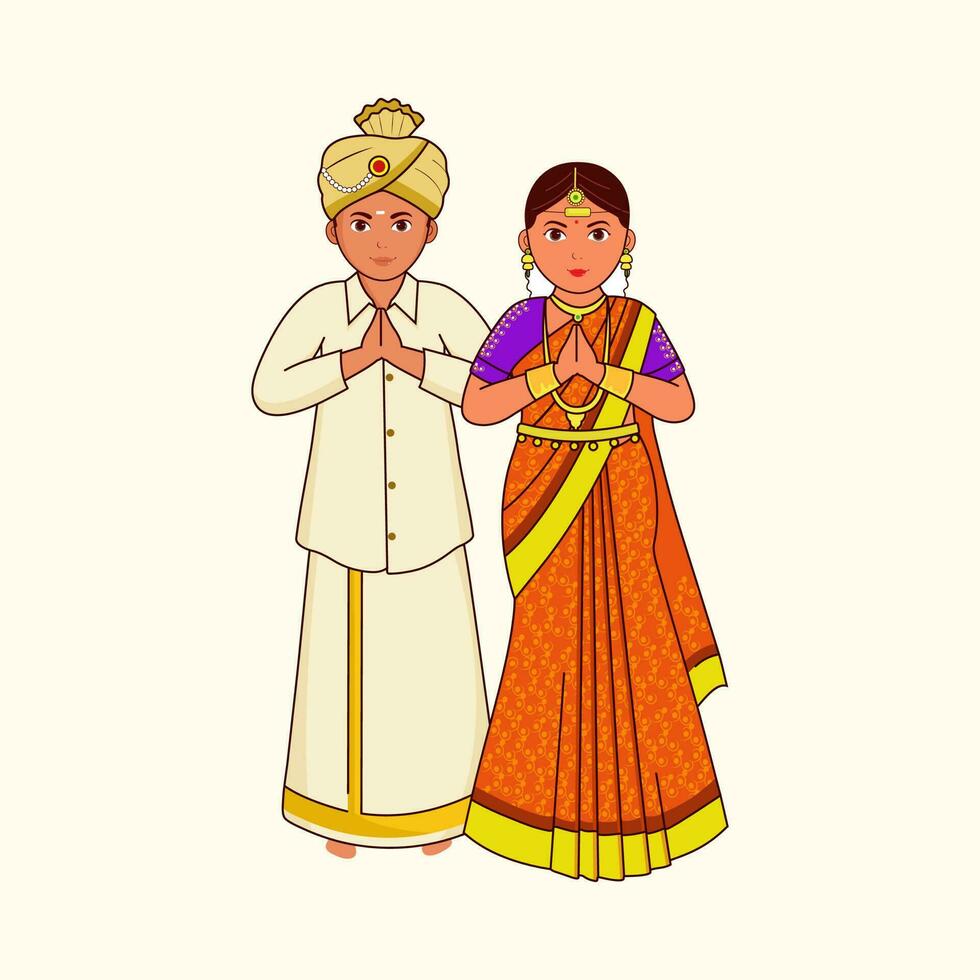 kongu Boda Pareja saludo namaste en tradicional atuendo en cósmico latté antecedentes. vector