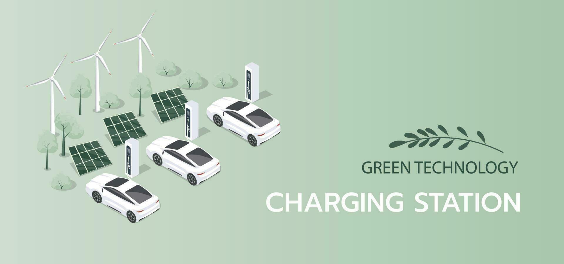 Horizontal banner with electric cars at charging stations and with solar pannels and windmill.The concept of charging an electric cars. vector