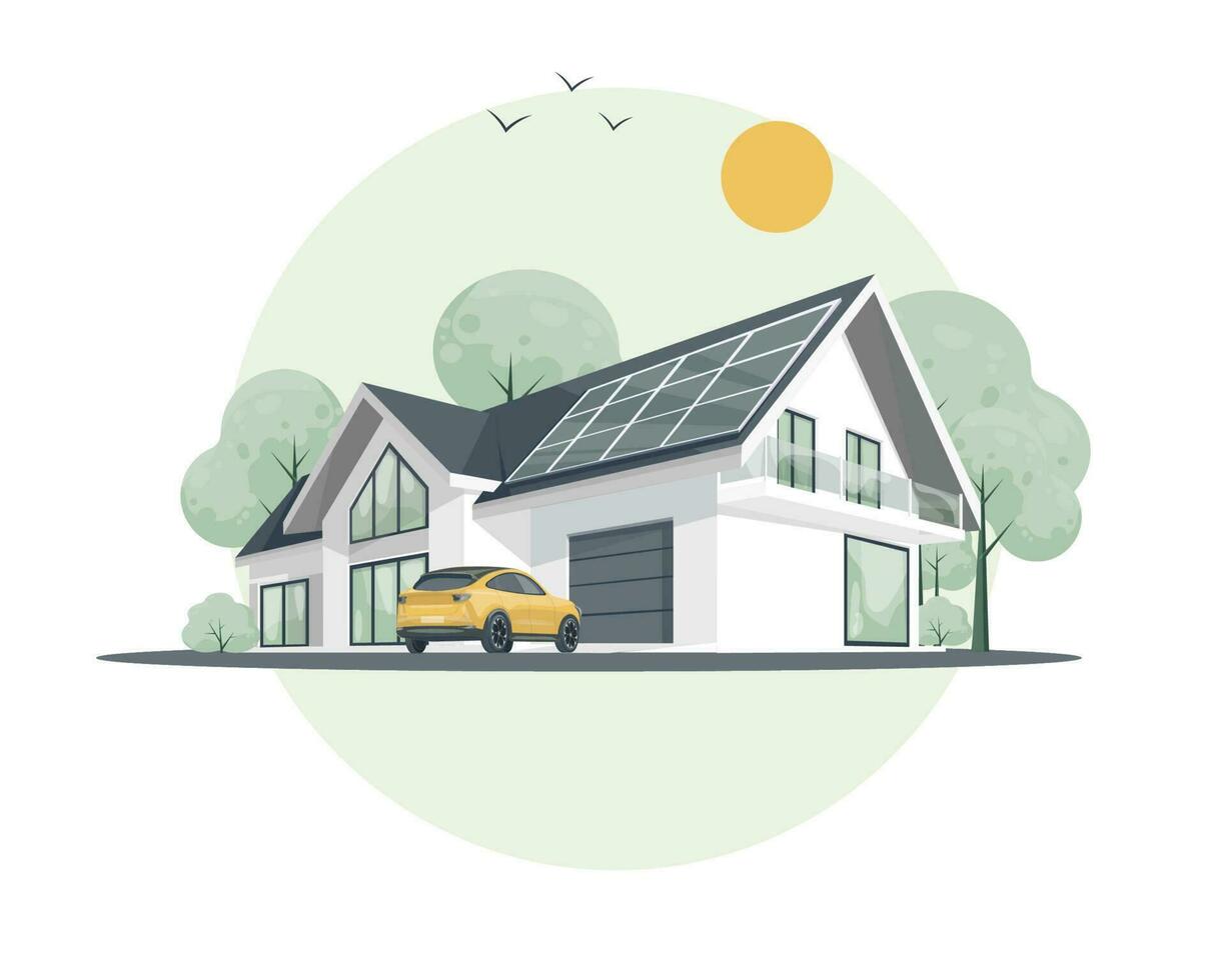 Home alternative electryciti. Illustration of a modern house. Solar panels on the roof country house and wind turbines on nature background. Concept of solar generation. vector