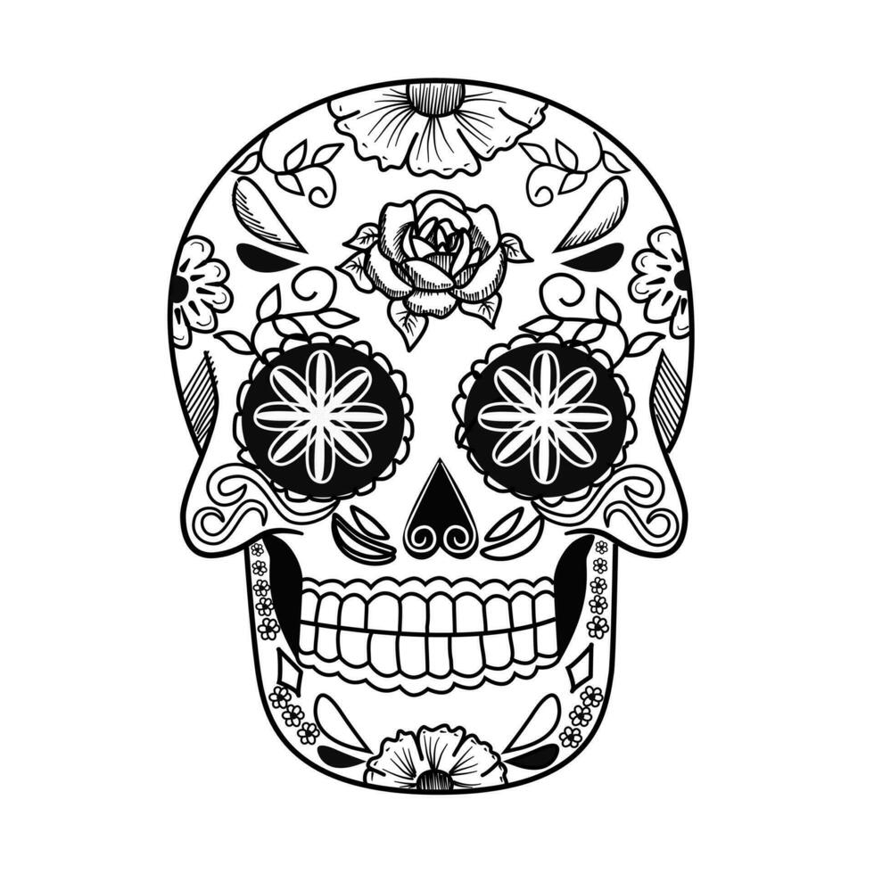 vector skull Day of the dead. Dia de los muertos. Design element for poster, card, banner, print.Black and White.Sugar skull isolated on white background.