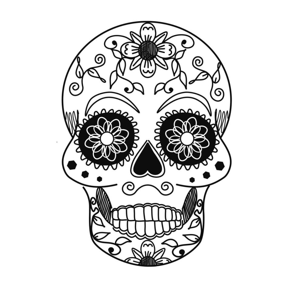 vector vintage sugar skull,hand-drawing black and white . Coloring page