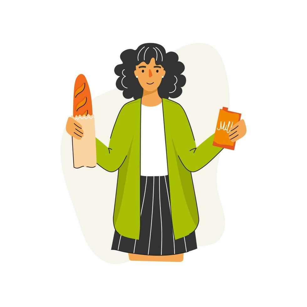Gluten Free Food. Woman holding a bread and a milk. Gluten-free alternatives. Concept of healthy eating, personal diet. Vector Illustration.