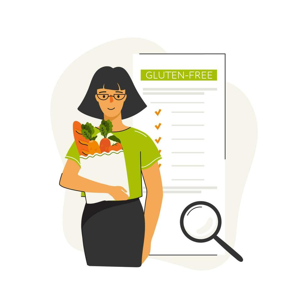 A woman is holding a bag of vegetables. Searching gluten free food. Gluten-free alternatives. Concept of healthy eating, personal diet. Can be used for social media banner, web page, flyer and other. vector