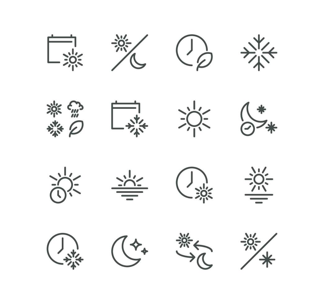 Set of four seasons and day parts related icons, day night switch, night time, sunset time, all seasons and linear variety vectors. vector