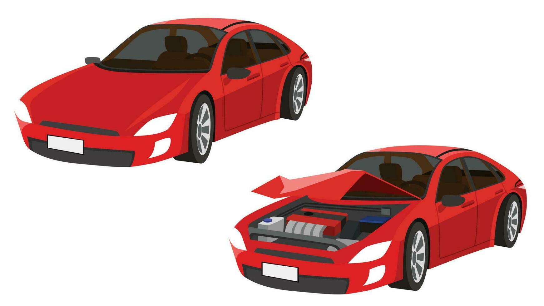 dibujos animados vector o ilustración isomático estado de el rojo deporte coche desde normal coche a el coche estaba ligeramente dañado. severamente dañado frente roto abierto capucha.