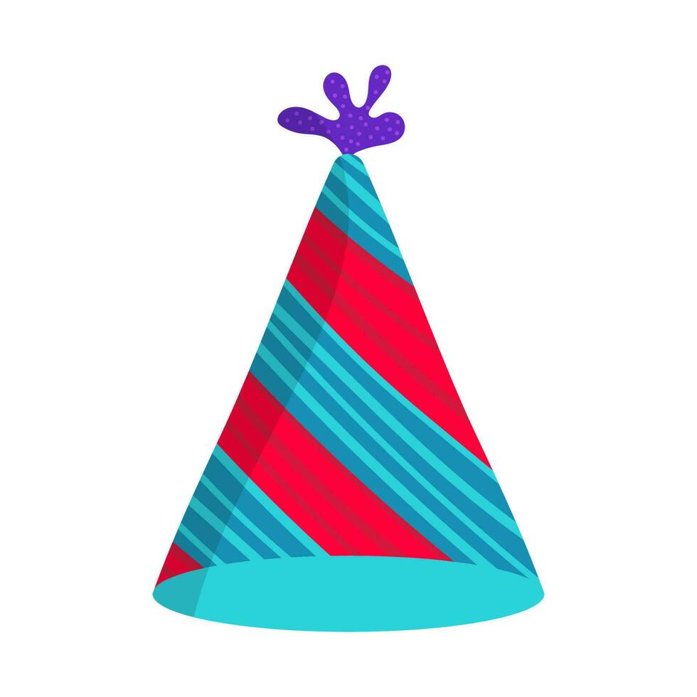 Red And Turquoise Strippy Party Hat Icon In Flat Style. vector