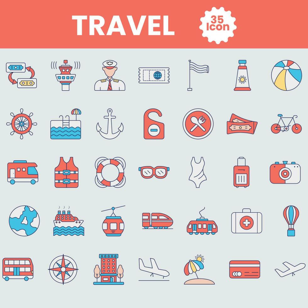 35 Orange And Blue Travel Icon Or Symbol Set In Flat Style. vector