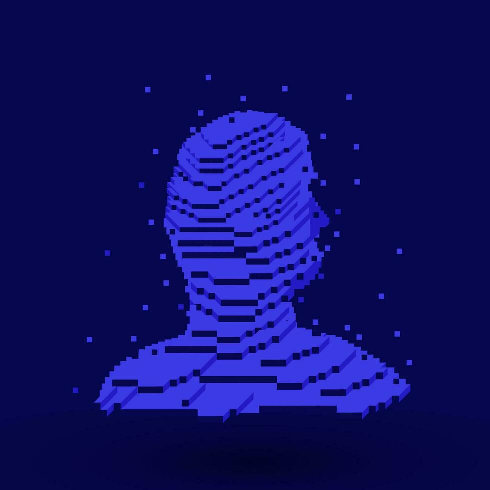 3D Pixel Art Human Head Against Blue Background. vector