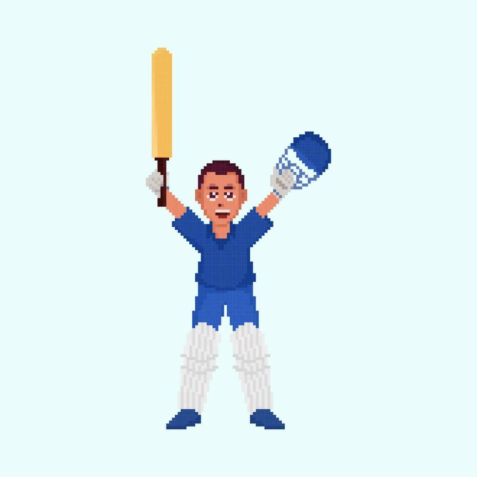 Pixet Art Cheerful Batsman Character In Winning Pose On Pastel Blue Background. vector