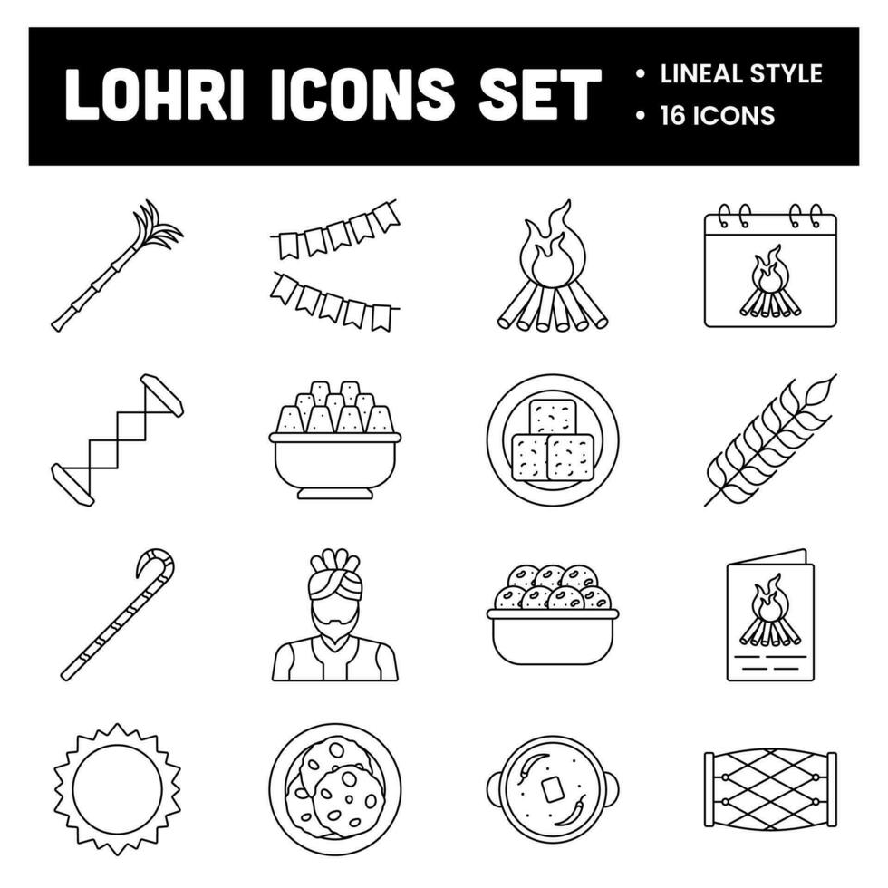 Black Thin Line Lohri Icon Set. vector