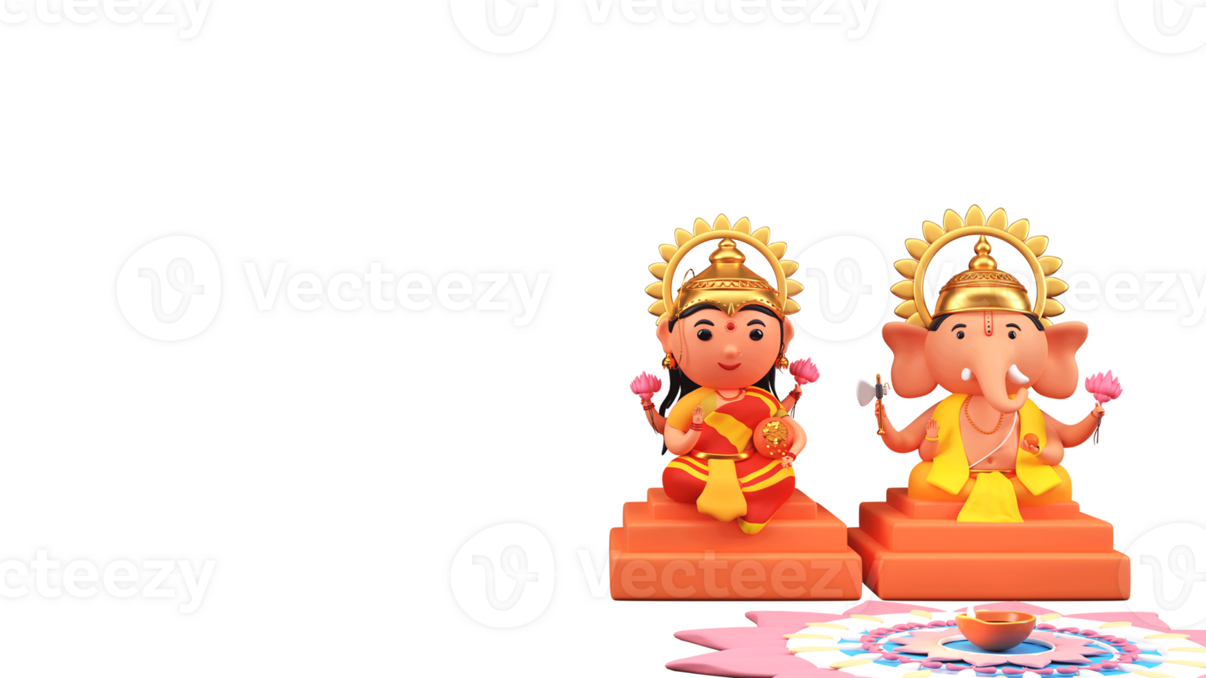 Hindoe mythologie heer ganesha en godin lakshmi aanbeden samen tegen rangoli achtergrond. png