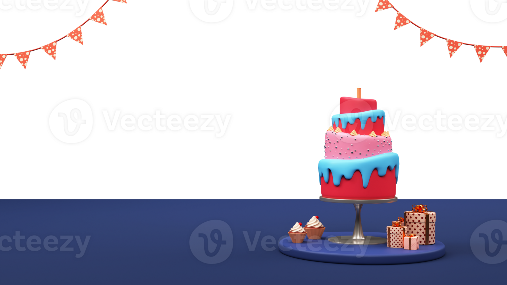3D Layered Delicious Cake With Lit Candle Over Table With Gift Boxed, Cupcakes, Bunting Flags And Copy Space. png