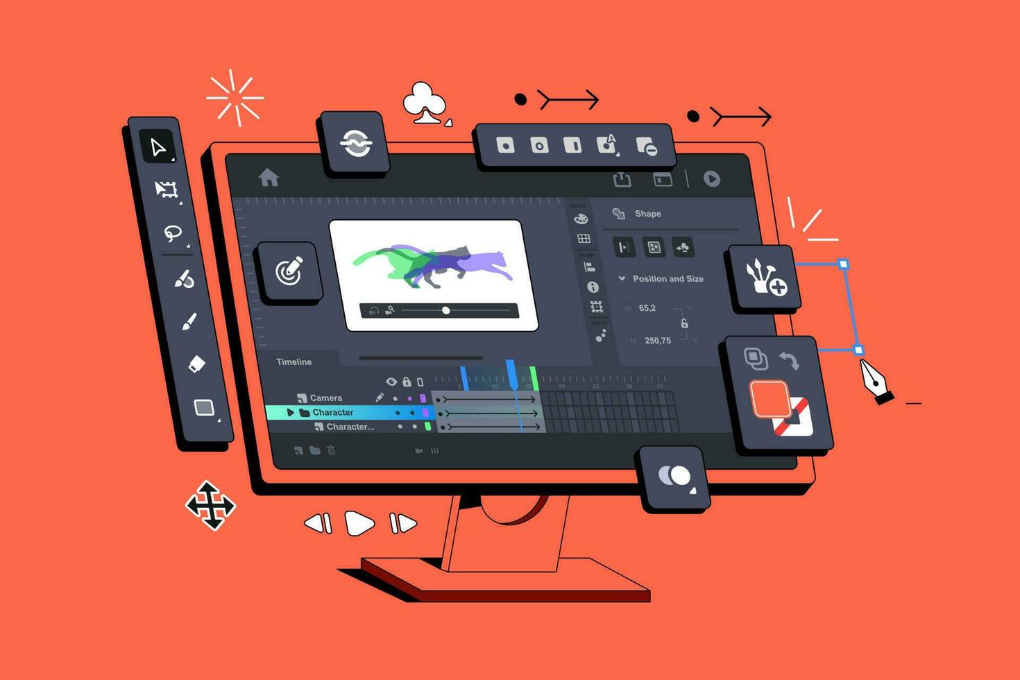 Program for creating frame-by-frame animation.Toolbar. Creation of cartoons and animations. Hand drawn graphics. Animate your character. Fake 3d vector illustration