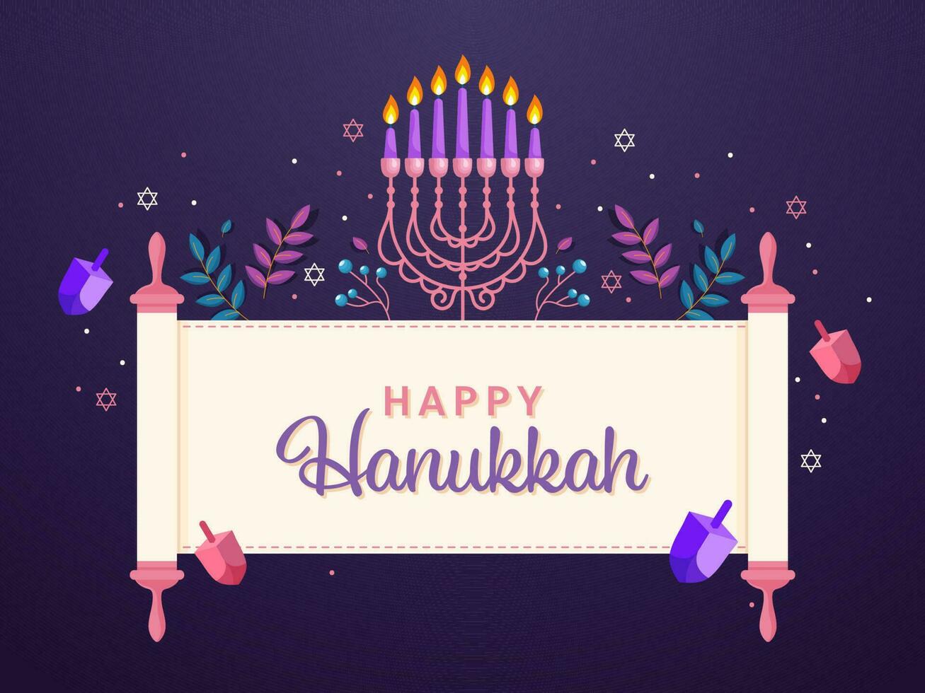 Happy Hanukkah Scroll Paper Banner With Lit Candelabra, Leaves, Dreidels, Star Of David Decorated On Purple Background. vector