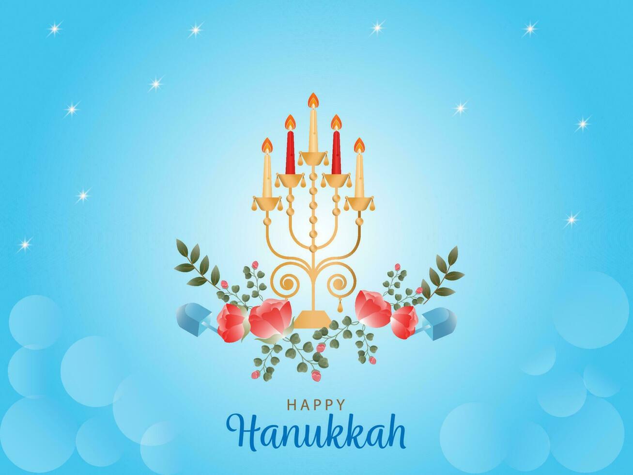 Happy Hanukkah Celebration Concept With Lit Candelabra, Dreidels, Rose Flowers, Leaves Decorated On Glossy Blue Background. vector