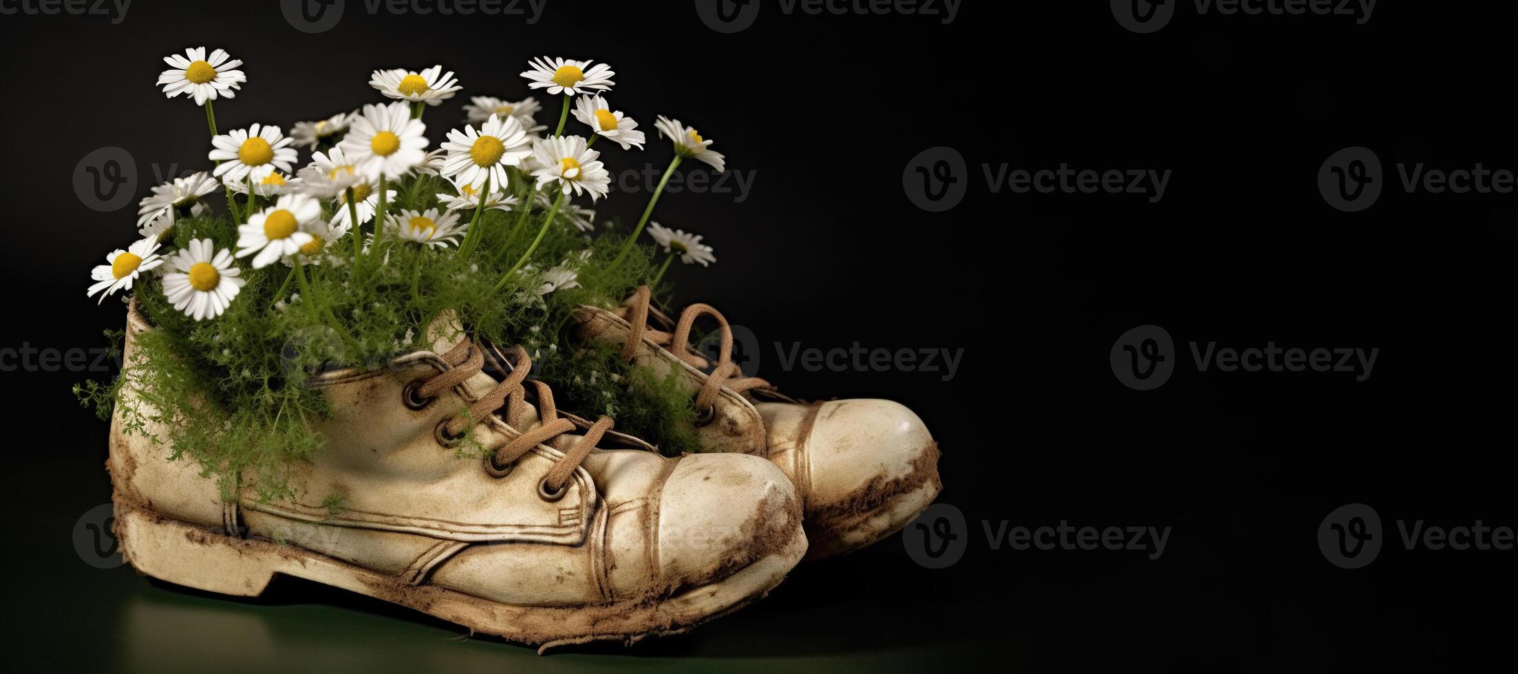 , Old boot with meadow spring flowers, handmade shoe planter. Environmental activism concept photo