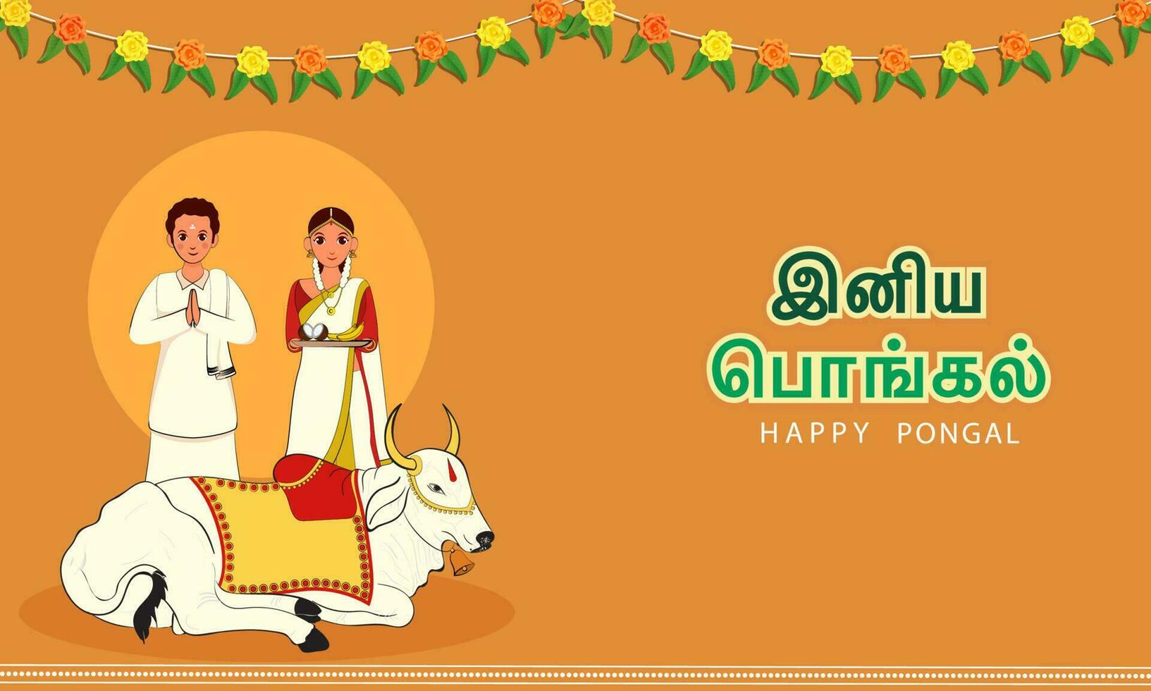 Happy Pongal Text Written In Tamil Language With South Indian Young Couple Worshipped The OX Animal And Floral Garland On Dark Yellow Background. vector