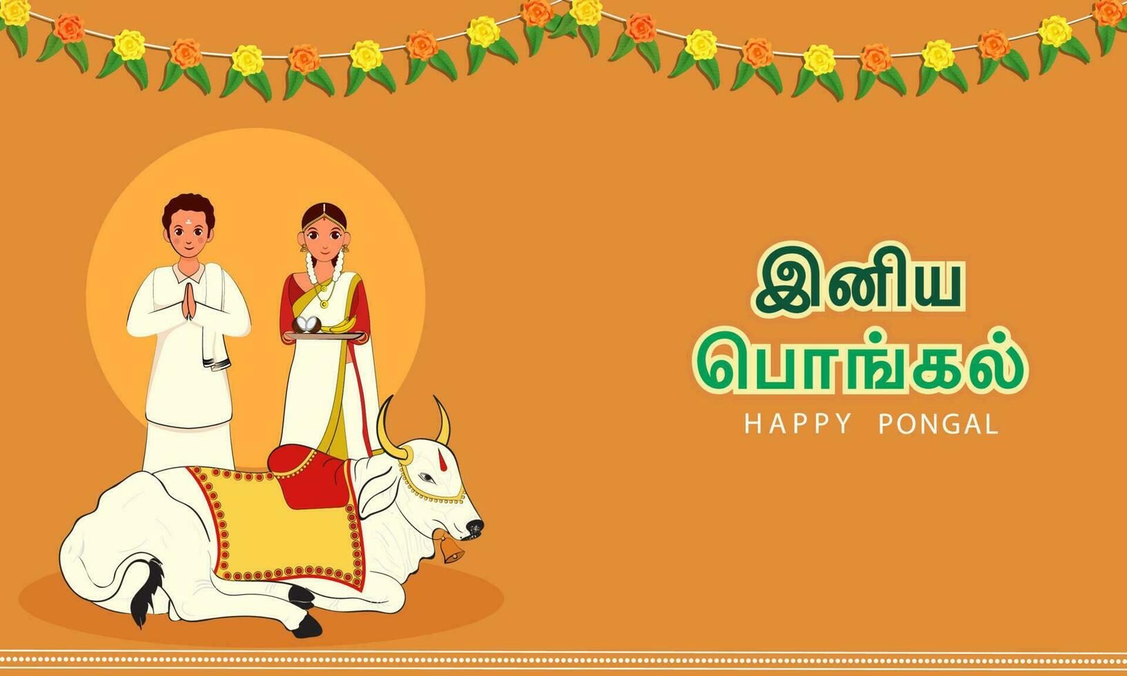 contento pongal texto escrito en tamil idioma con sur indio joven Pareja adorado el buey animal y floral guirnalda en oscuro amarillo antecedentes. vector