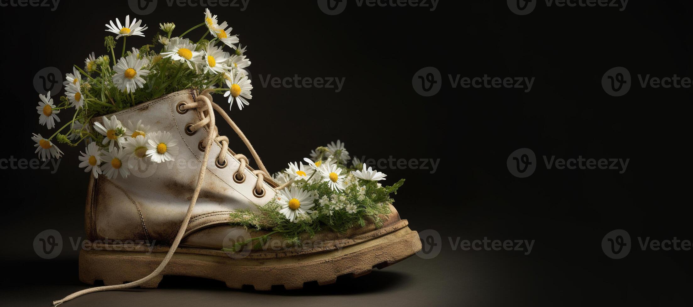 , Old boot with meadow spring flowers, handmade shoe planter. Environmental activism concept photo