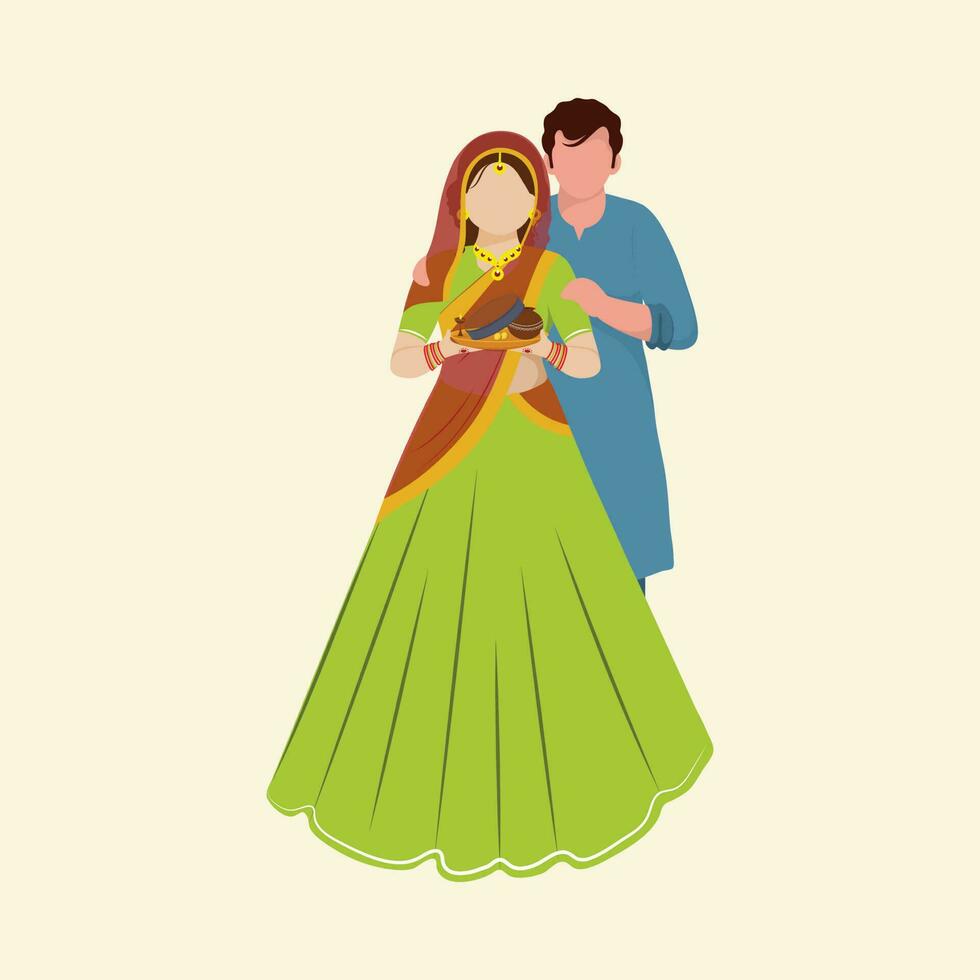 Faceless Indian Woman Holding Worship Plate With Her Husband On Beige Background For Hindu Festival Karwa Chauth Concept. vector