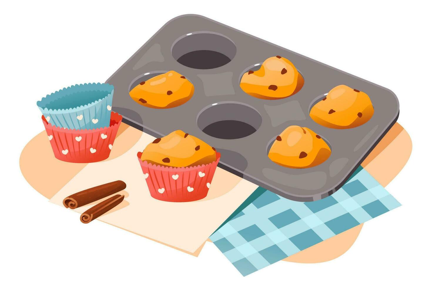 Cupcakes in baking molds. Homemade cakes. Cartoon flat vector illustration.