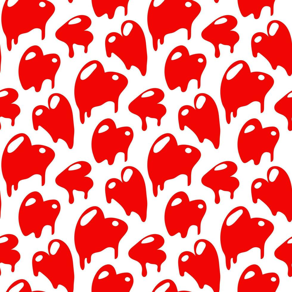 A pattern of unique hearts in the style of graffiti. Dripping paint, brushstroke, ink splashes, grunge hearts. A hand-drawn fashionable vector illustration as a background for printing gift packaging