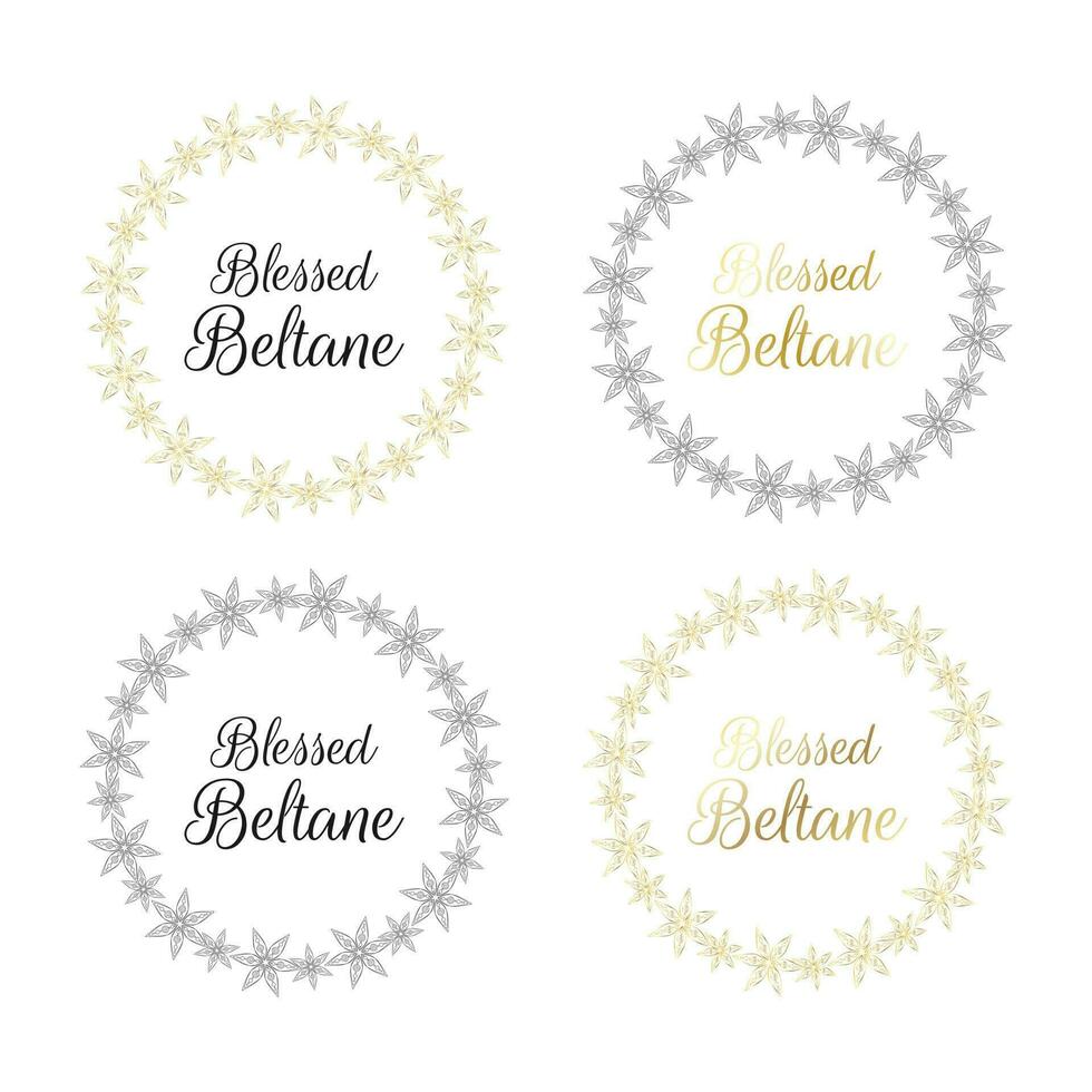 Blessed Beltane inscription in esoteric circle, round frame. vector