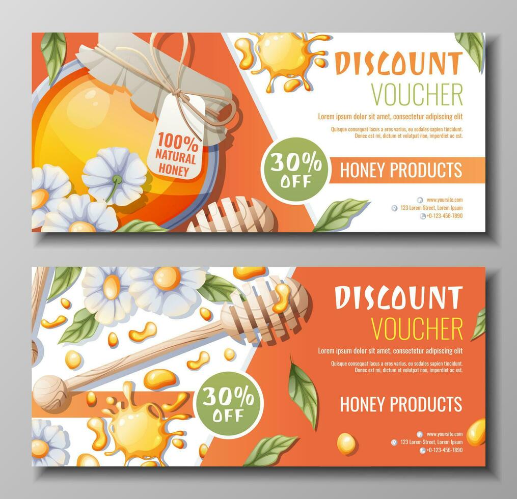 Set of banners with honey products. Discount coupon for honey shop. Honey jar, bees, wooden spoon. Natural useful products. Sweet dessert.Vector illustration vector