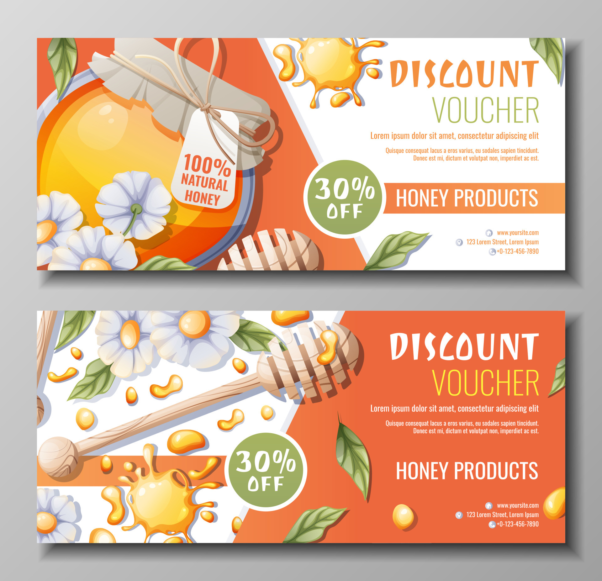 Set of banners with honey products. Discount coupon for honey shop